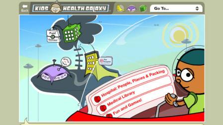 Above is a screen shot from the home screen of KidsHealthGalaxy.com, an interactive virtual tour designed to help guide children through the surgical process.