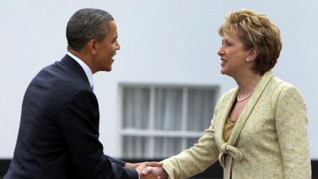 President Barack Obama, left, greets Irelands President Mary McAleese at the Presidential Residence in Dublin, Ireland, Monday, May 23, 2011. President Barack Obama opens a six-day European tour with a quick dash through Ireland, where he will celebrate his own Irish roots and look to give a boost to a nation grappling with the fallout from its financial collapse.