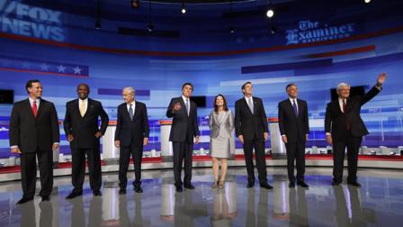 Sen. Rick Santorum; businessman Herman Cain; Rep. Ron Paul, former Massachusetts Gov. Mitt Romney; Rep. Michele Bachmann; former Minnesota Governor Tim Pawlenty; former Utah Gov. Jon Huntsman; former House Speaker Newt Gingrich.