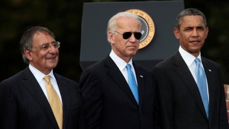 President Barack Obama, right, and Vice President Joe Biden, center, and Defense Secretary Leon Panetta, left, take part in a Change of Office Chairman of the Joint Chiefs of Staff ceremony at Ft. Myer in Virginia, Friday, Sept., 30, 2011. Gen. Martin Dempsey was sworn-in as the new Chairman of the Joint Chiefs of Staff, replacing retiring Adm. Mike Mullen.