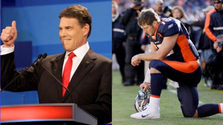 Republican presidential candidate Texas Gov. Rick Perry and Denver Broncos quarterback Tim Tebow. (AP Photos)