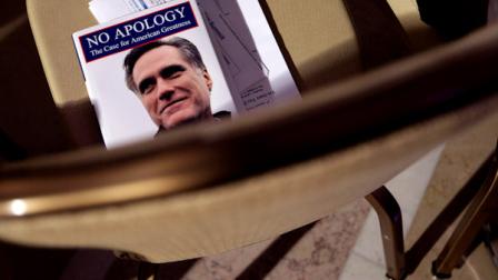 A copy of Republican presidential candidate, former Massachusetts Gov. Mitt Romneys book No Apology is seen at a Tax Day Tea Summit held at the Franklin Institute in Philadelphia, Monday, April 16, 2012. (AP Photo/Jae C. Hong)