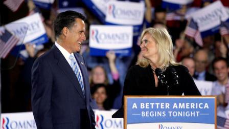 Republican presidential candidate, former Massachusetts Gov. Mitt Romney and wife, Ann, take the stage at an election night rally in Manchester, N.H., Tuesday, April 24, 2012. (AP Photo/Jae C. Hong)