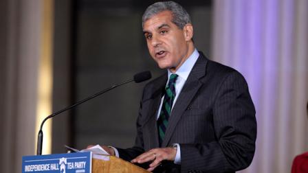 U.S. Senate candidate Joe Kyrillos speaks at a Tax Day Tea Summit held at the Franklin Institute in Philadelphia, Monday, April 16, 2012. (AP Photo/Jae C. Hong)