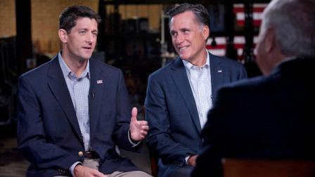 GOP Presidential nominee Mitt Romney and his newly chosen VP running mate Paul Ryan, left, talk with Bob Schieffer of 60 Minutes on CBS, Sunday, Aug. 12, 2012. (AP Photo/CBS News, Chris Usher)