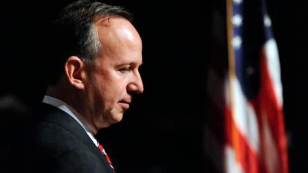 Delaware Gov. Jack Markell stands on stage after an inauguration ceremony to begin his second term Tuesday, Jan. 15, 2013 at Central Middle School in Dover, Del. (AP Photo/Steve Ruark)