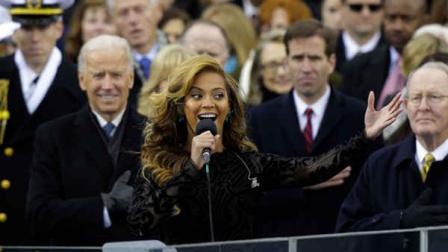 Beyonce sings the national anthem at the ceremonial swearing-in at the U.S. Capitol during the 57th Presidential Inauguration in Washington, Monday, Jan. 21, 2013. (AP Photo/Pablo Martinez Monsivais)