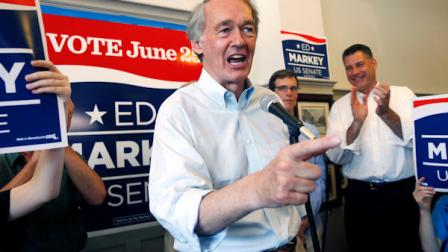 Rep. Ed Markey, the Democratic candidate for U.S. Senate in the Massachusetts open seat special election, campaigns at Cafe on the Common in Waltham, Mass., Sunday, June 23, 2013. (AP Photo/Michael Dwyer)