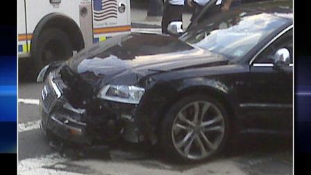 This cell phone photo provided by John McMahon shows an automobile driven by New England Patriots quarterback Tom Brady after it was involved in an early morning accident in Boston, Thursday, Sept. 9, 2010.