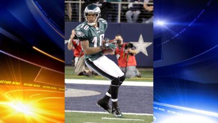 Philadelphia Eagles wide receiver DeSean Jackson pauses on the goal line before scoring a touchdown against the Dallas Cowboys during the second half of an NFL football game, Sunday, Dec. 12, 2010, in Arlington, Texas. (AP Photo/Sharon Ellman)