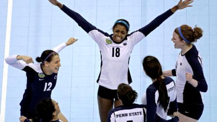 Penn State players celebrate after winning the second set of their final match against California of the in the NCAA Division I Womens Volleyball Championship, Saturday, Dec. 18, 2010, in Kansas City, Mo. (AP Photo/Charlie Riedel)