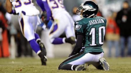 Philadelphia Eagles wide receiver DeSean Jackson (10) reacts after a pass to him was intercepted by Minnesota Vikings safety Husain Abdullah (39) in the first half of an NFL football game Tuesday, Dec. 28, 2010, in Philadelphia. (AP Photo/Michael Perez)