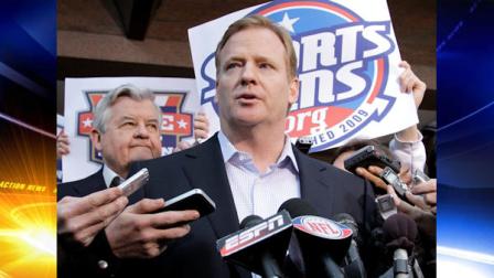 NFL Commissioner Roger Goodell, joined at left by Carolina Panthers owner Jerry Richardson, speaks with reporters as negotiations between the NFL owners and players go unresolved, at the Federal Mediation and Conciliation Service in Washington, Friday, March 11, 2011. (AP Photo/J. Scott Applewhite)