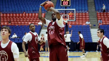 Temple forward Anthony Lee shoots during a basketball practice Wednesday, March 16, 2011, in Tucson, Ariz., as Temple is scheduled to face Penn State in a West Regional NCAA college basketball tournament second round game on Thursday. (AP Photo/Matt York)