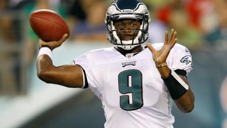 Philadelphia Eagles quarterback Vince Young (9) looks to pass in the first half of a preseason NFL football game wit the Baltimore Ravens Thursday, Aug. 11, 2011, in Philadelphia. (AP Photo/Matt Rourke)