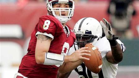 Penn State defensive end Sean Stanley, right, reaches in to knock the ball from the hands of Temple quarterback Mike Gerardi ending Temples attempt at a late comeback during the second half of an NCAA college football game, Saturday, Sept. 17, 2011, in Philadelphia. Penn State won 14-10.