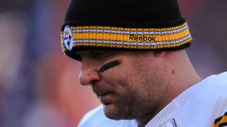 Pittsburgh Steelers quarterback Ben Roethlisberger (7) reacts in the fourth quarter of an NFL wild card playoff football game against the Denver Broncos, Sunday, Jan. 8, 2012, in Denver. (AP Photo/Chris Schneider)