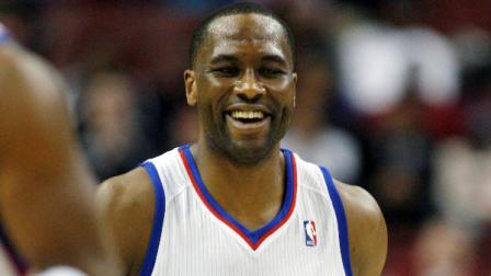 Philadelphia 76ers Elton Brand (42) reacts after scoring against the Orlando Magic in the first half of an NBA basketball game, Monday, Jan. 30, 2012, in Philadelphia. (AP Photo/H. Rumph Jr )