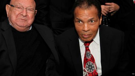 Muhammad Ali, right, celebrates his 70th birthday next to his longtime trainer Angelo Dundee, at a fund raiser for the Muhammad Ali Center in his hometown of Louisville, Ky., on Saturday, Jan. 14, 2012. Dundee, died Wednesday, February 1, 2012 at age 90.
(AP Photo/ The Muhammad Ali Center)