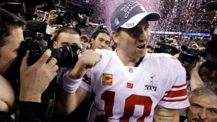 New York Giants quarterback Eli Manning reacts after his teams 21-17 win over the New England Patriots in the NFL Super Bowl XLVI football game, Sunday, Feb. 5, 2012, in Indianapolis. (AP Photo/Eric Gay)