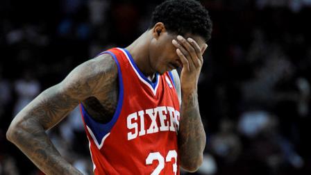 Philadelphia 76ers Lou Williams hangs his head in the final seconds of an NBA basketball game against the Houston Rockets on Wednesday, Feb. 22, 2012, in Houston. The Rockets won 93-87. (AP Photo/Pat Sullivan)
