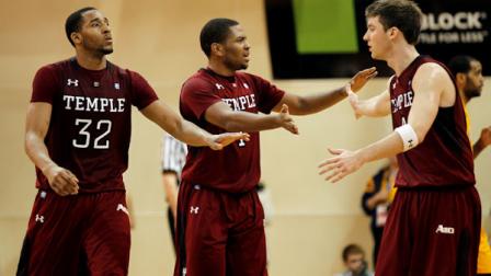 Temples Rahlir Hollis-Jefferson left, Khalif Wyatt, center, and Juan Fernandez react during the second half of an NCAA college basketball game against La Salle on Wednesday, Feb. 22, 2012, in Philadelphia. Temple won 80-79 in overtime. (AP Photo/Alex Brandon)