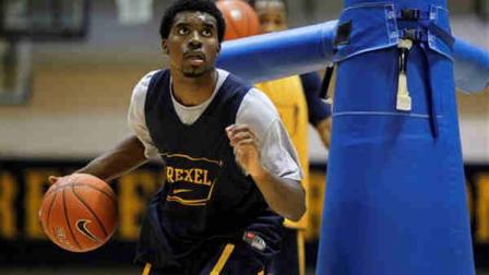 In this Tuesday, Feb. 21, 2012 photo, Drexels Frantz Massenat practices Tuesday, Feb. 21, 2012, in Philadelphia. The Dragons are on a 16-game winning streak entering Saturdays game at Old Dominion. They hope their record is strong enough to earn NCAA tournament consideration. (AP Photo/Matt Rourke)