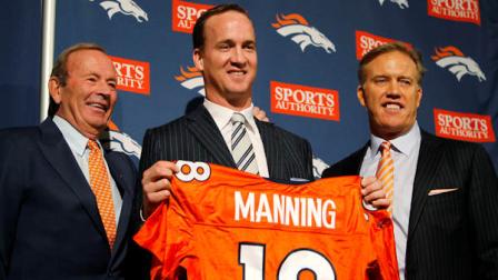New Denver Broncos quarterback Peyton Manning holds up his Broncos jersey as team owner Pat Bowlen, left, and John Elway, vice president of football operations, look on during an NFL football news conference at the Broncos headquarters in Englewood, Colo., on Tuesday, March 20, 2012. (AP Photo/David Zalubowski)