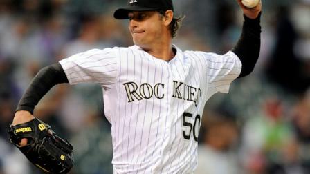 Colorado Rockies starting pitcher Jamie Moyer throws in the second inning of a baseball game against the San Diego Padres on Tuesday, April 17, 2012, in Denver. (AP Photo/Chris Schneider)