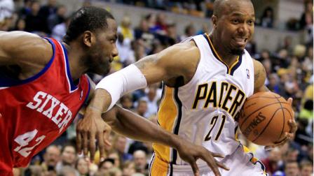 Indiana Pacers David West drives to the basket against Philadelphia 76ers Elton Brand during the second half of an NBA basketball game, Saturday, April 21, 2012, in Indianapolis. Philadelphia won 109-106 in overtime. (AP Photo/Darron Cummings)