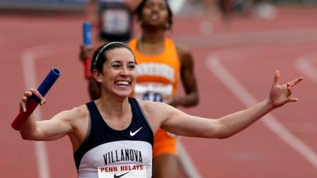 Villanovas Sheila Reid reacts after winning the college womens distance medley championship of America with a time of 11:01.03 at the Penn Relays athletics meet at the University of Pennsylvania Thursday, April 26, 2012 in Philadelphia. (AP Photo/Alex Brandon)