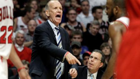 Philadelphia 76ers coach Doug Collins yells to his team during the second quarter of Game 5 in an NBA basketball first-round playoff series against the Chicago Bulls in Chicago on Tuesday, May 8, 2012. (AP Photo/Nam Y. Huh)