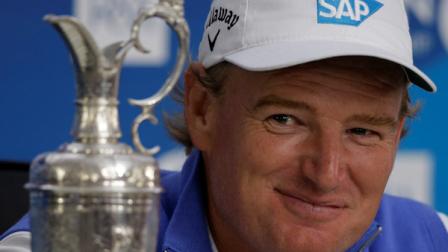 Ernie Els of South Africa during a press conference after winning the British Open Golf Championship at Royal Lytham and St Annes golf club, Lytham St Annes, England Sunday, July 22, 2012. (AP Photo/Tim Hales)
