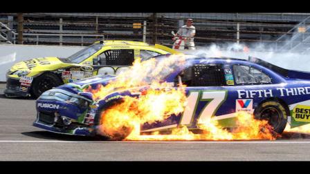 Matt Kenseths car catches fire after an accident during the NASCAR Sprint Cup Series Brickyard 400 auto race at Indianapolis Motor Speedway in Indianapolis, Sunday, July 29, 2012. (AP Photo/Ron Sanders)