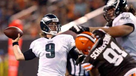Philadelphia Eagles quarterback Nick Foles throws during the second quarter against the Cleveland Browns in a preseason NFL football game Friday, Aug. 24, 2012, in Cleveland. (AP Photo/Scott R. Galvin)