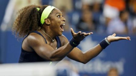 Serena Williams reacts after beating Victoria Azarenka, of Belarus, in the championship match at the 2012 US Open tennis tournament, Sunday, Sept. 9, 2012, in New York. Two points from defeat, Williams suddenly regained her composure to come back and win the last four games, beating No. 1-ranked Azarenka 6-2, 2-6, 7-5 on Sunday for her fourth U.S. Open title and 15th Grand Slam title overall.