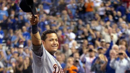 Detroit Tigers Miguel Cabrera waves to the crowd after being replaced during the fourth inning of a baseball game against the Kansas City Royals at Kauffman Stadium in Kansas City, Mo., Wednesday, Oct. 3, 2012. Cabrera achieved baseballs first Triple Crown since 1967 by leading the league with a .330 average, 44 home runs and 139 RBIs in the regular season. (AP Photo/Orlin Wagner)