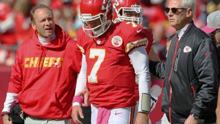 Kansas City Chiefs quarterback Matt Cassel (7) walks off the field with trainers during the second half of an NFL football game against the Baltimore Ravens at Arrowhead Stadium in Kansas City, Mo., Sunday, Oct. 7, 2012. The Ravens defeated the Chiefs 9-6. (AP Photo/Colin E. Braley)