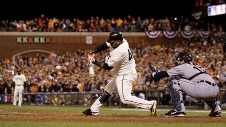 San Francisco Giants Pablo Sandoval hits a two-run home run during the third inning of Game 1 of baseballs World Series against the Detroit Tigers Wednesday, Oct. 24, 2012, in San Francisco. (AP Photo/Marcio Jose Sanchez)