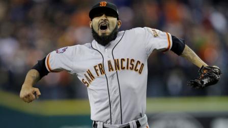 San Francisco Giants Sergio Romo reacts after striking out Detroit Tigers Omar Infante to end Game 3 of baseballs World Series Saturday, Oct. 27, 2012, in Detroit. The Giants defeated the Tigers 2-0. The Giants lead the series 3-0. (AP Photo/Matt Slocum)