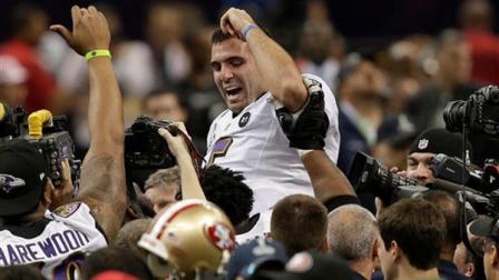 Baltimore Ravens quarterback Joe Flacco (5) is lifted into the air by teammates after defeating the San Francisco 49ers 34-31 in the NFL Super Bowl XLVII football game, Sunday, Feb. 3, 2013, in New Orleans. (AP Photo/Bill Haber)