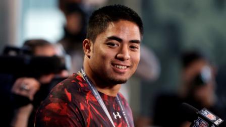 Notre Dame linebacker Manti Teo answers a question during a news conference at the NFL football scouting combine in Indianapolis, Saturday, Feb. 23, 2013. (AP Photo/Michael Conroy)