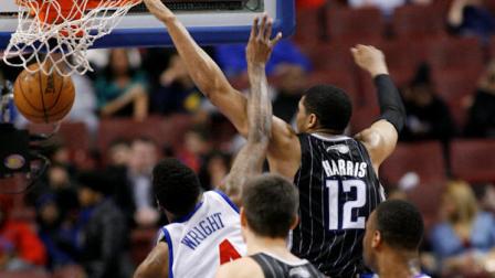 Orlando Magics Tobias Harris (12) scores as Philadelphia 76ers Dorell Wright (4) defends in the second half of an NBA basketball game, Tuesday, Feb. 26, 2013, in Philadelphia. Orlando won 98-84. (AP Photo/H. Rumph Jr)