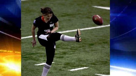 Lauren Silberman boots the ball during kicker tryouts at the NFL football regional combine workout Sunday, March 3, 2013, in Florham Park, N.J. (AP Photo/Mel Evans)