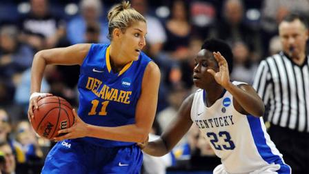 Delawares Elena Delle Donne, left, is guarded by Kentuckys Samarie Walker, right, during the second half of a regional semifinal game in the NCAA college basketball tournament in Bridgeport, Conn., Saturday, March 30, 2013. (AP Photo/Jessica Hill)