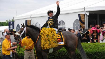 IMAGE DISTRIBUTED FOR LONGINES - Jockey Gary Stevens on Oxbow celebrates after winning the 138th Preakness Stakes, Saturday, May 18, 2013, in Baltimore, MD. Longines, the Swiss watchmaker known for its famous timepieces, is the Official Watch and Timekeeper of the 138th annual Preakness Stakes. (Diane Bondareff/Invision for Longines/AP Images)
