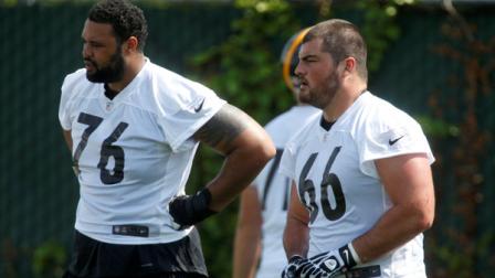 Pittsburgh Steelers offensive tackle Mike Adams (76) and guard David DeCastro (66)during the NFL football practice on Thursday, May 30, 2013 in Pittsburgh. (AP Photo/Keith Srakocic)