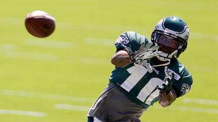 Philadelphia Eagles wide receiver DeSean Jackson catches a pass during NFL football practice at the teams training facility, Wednesday, Sept. 4, 2013, in Philadelphia.