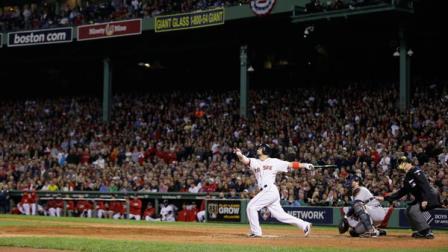 Boston Red Soxs Shane Victorino watches his grand slam against the Detroit Tigers in the seventh inning during Game 6 of the American League baseball championship series on Saturday, Oct. 19, 2013, in Boston. (AP Photo/Matt Slocum)