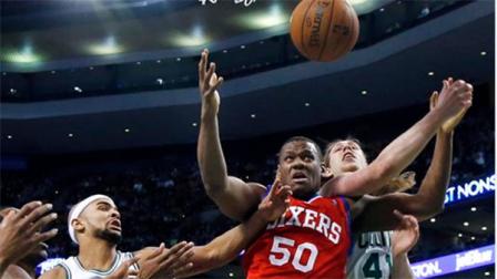 Philadelphia 76ers power forward Lavoy Allen (50) competes for a loose ball with Boston Celtics center Kelly Olynyk (41) and point guard Jerryd Bayless, left, during the first half of an NBA basketball game in Boston, Wednesday, Jan. 29, 2014. (AP Photo/Elise Amendola)